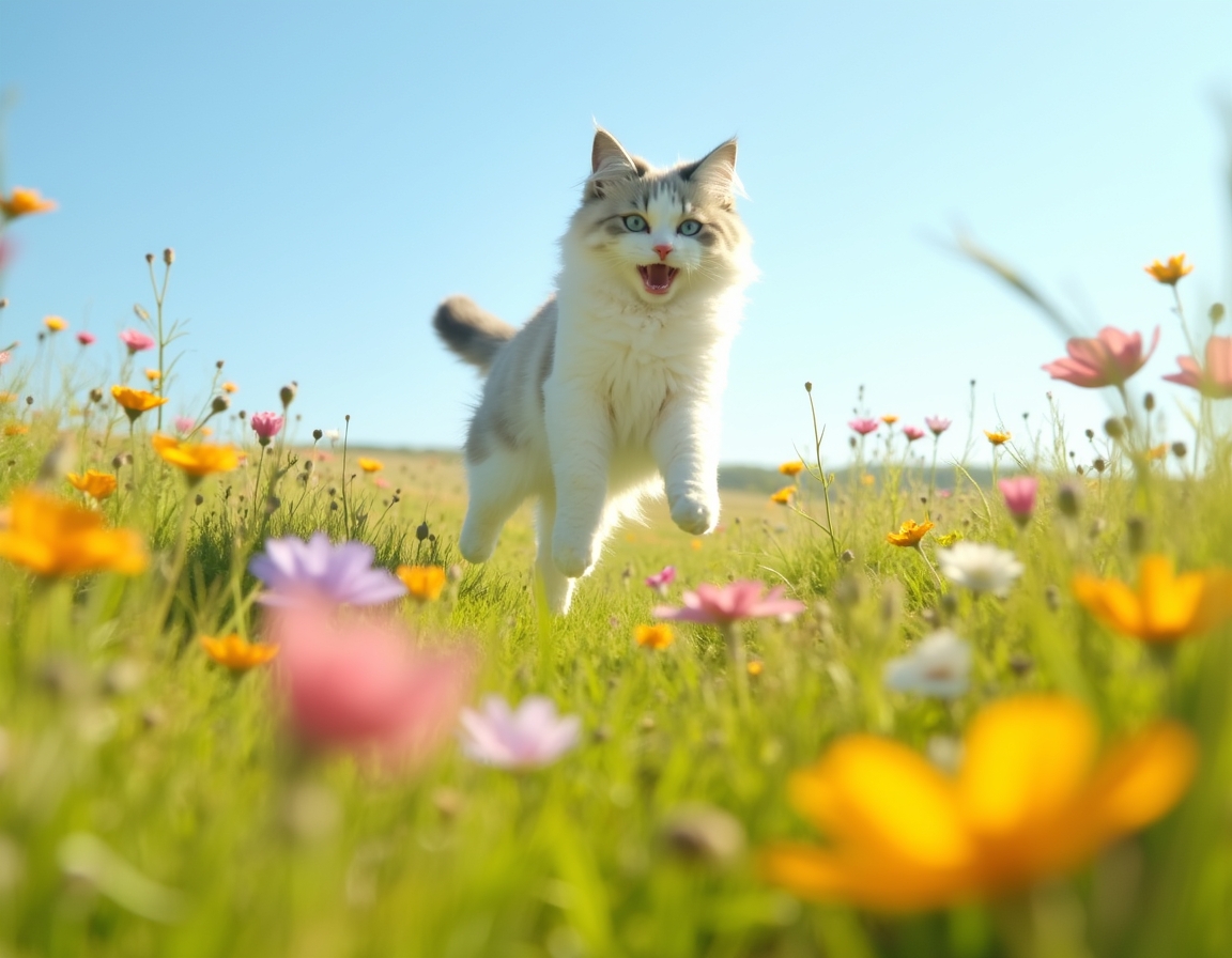 Cat enjoys the beauty of a flower-filled meadow, exploring the bright and colorful setting.